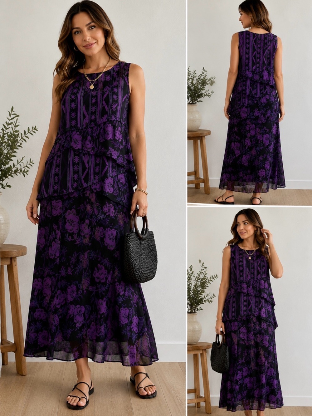 Tienda Ho Purple Black Floral Rayon Blouse & Maxi Skirt Set Free Size